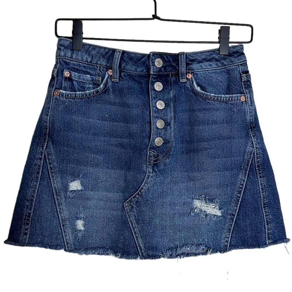 Free People 27 Waist Button Fly A-line Denim Raw Edge Distressed Mini Skirt